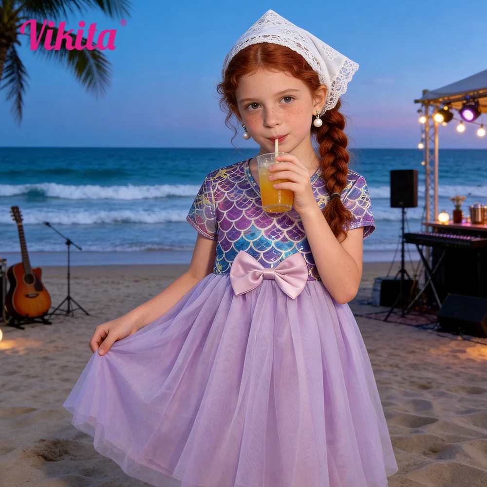Kleinkinder Meerjungfrau Print Kurzarm Kleid mit Schleife Knoten Mädchen Performance Party Abendkleid Kinder Lila Mesh Elegantes Prinzessin Kleid