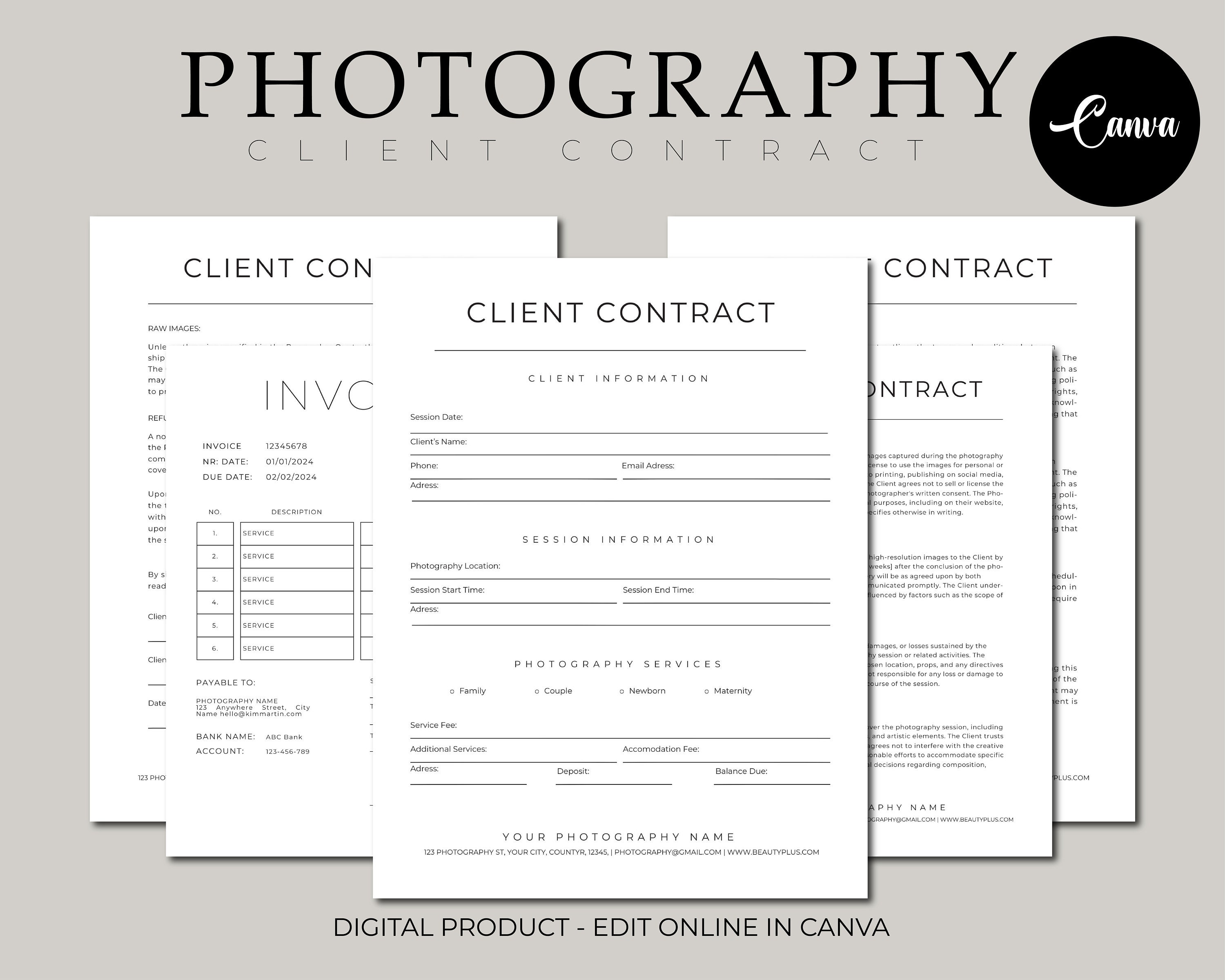 Modello di contratto cliente fotografico, moduli fotografici, contratto cliente, contratto per fotografi, modello Canva, modello modificabile
