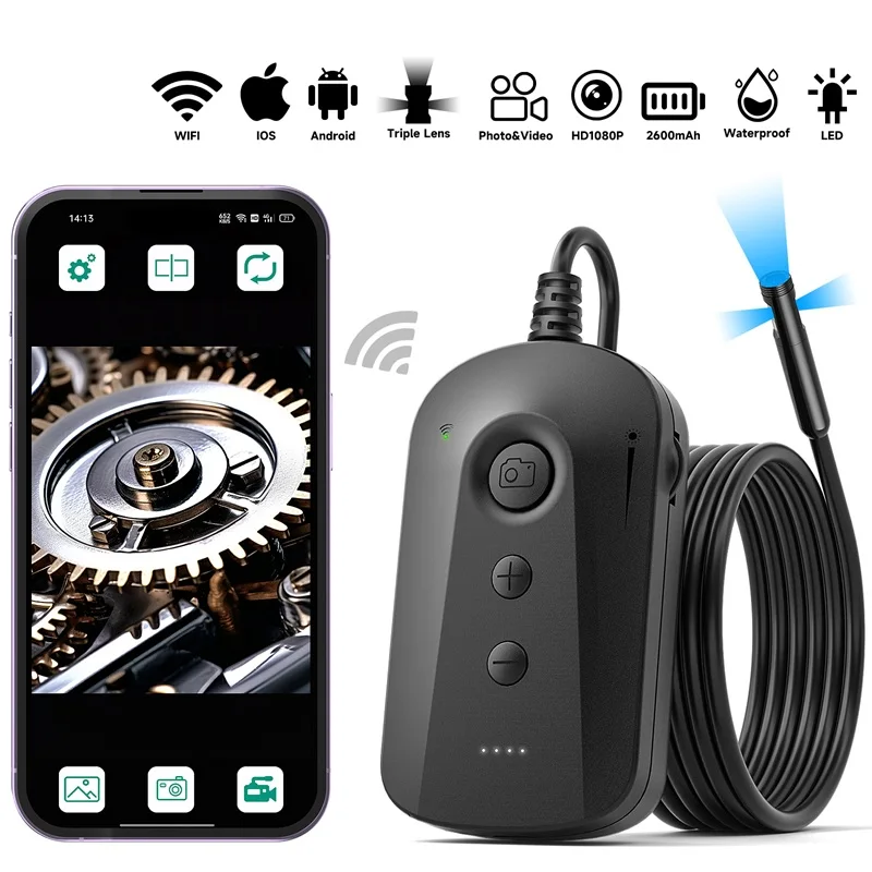 Industrielle WiFi-Endoskop-Videokamera, einzelnes Dual-Dreifachobjektiv, Rohrkanalinspektion, Endoskop mit LEDs, wasserdicht, 2600 mAh Image