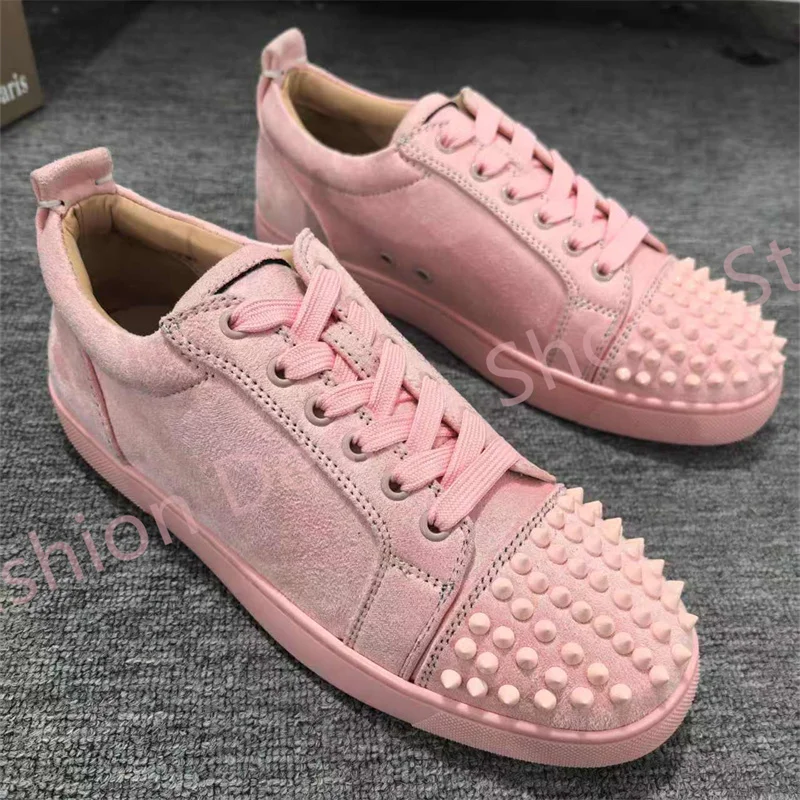 Rosa Wildleder-Flats für Damen, Freizeitschuhe, Spike-Nieten, runde Zehen, Schnür-Komfort-Schuhe für Damen, große Größe 35–44