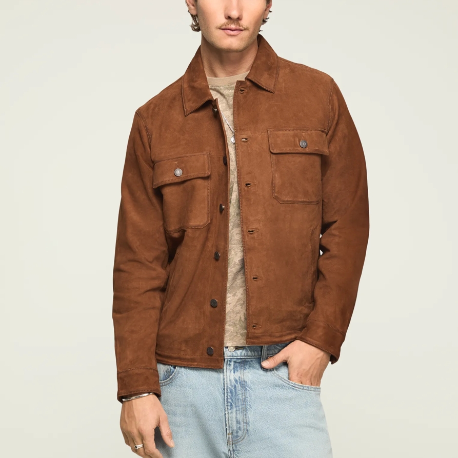 Lucky Brand Suede Shirt Jacket - Men's Clothing Outerwear Jackets Coats in Dark Tan, Size M