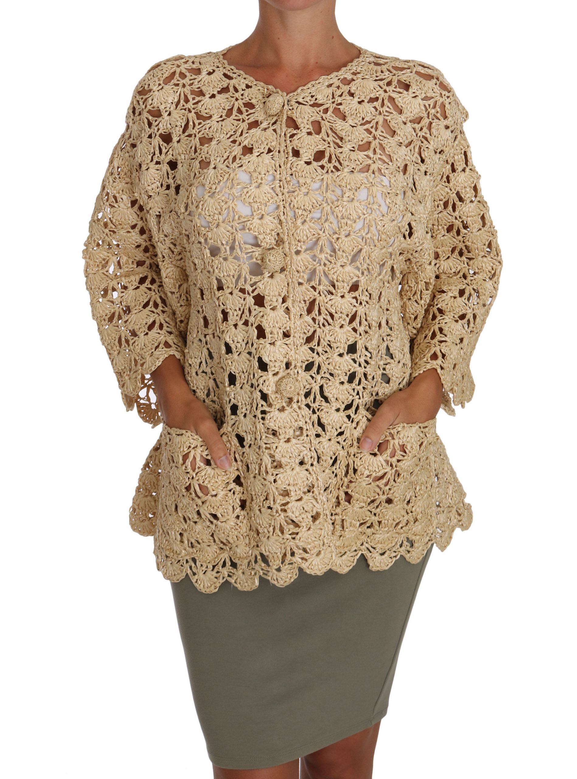 Dolce & Gabbana Women's Beige Cardigan Crochet Tricot Raffia Sweater
