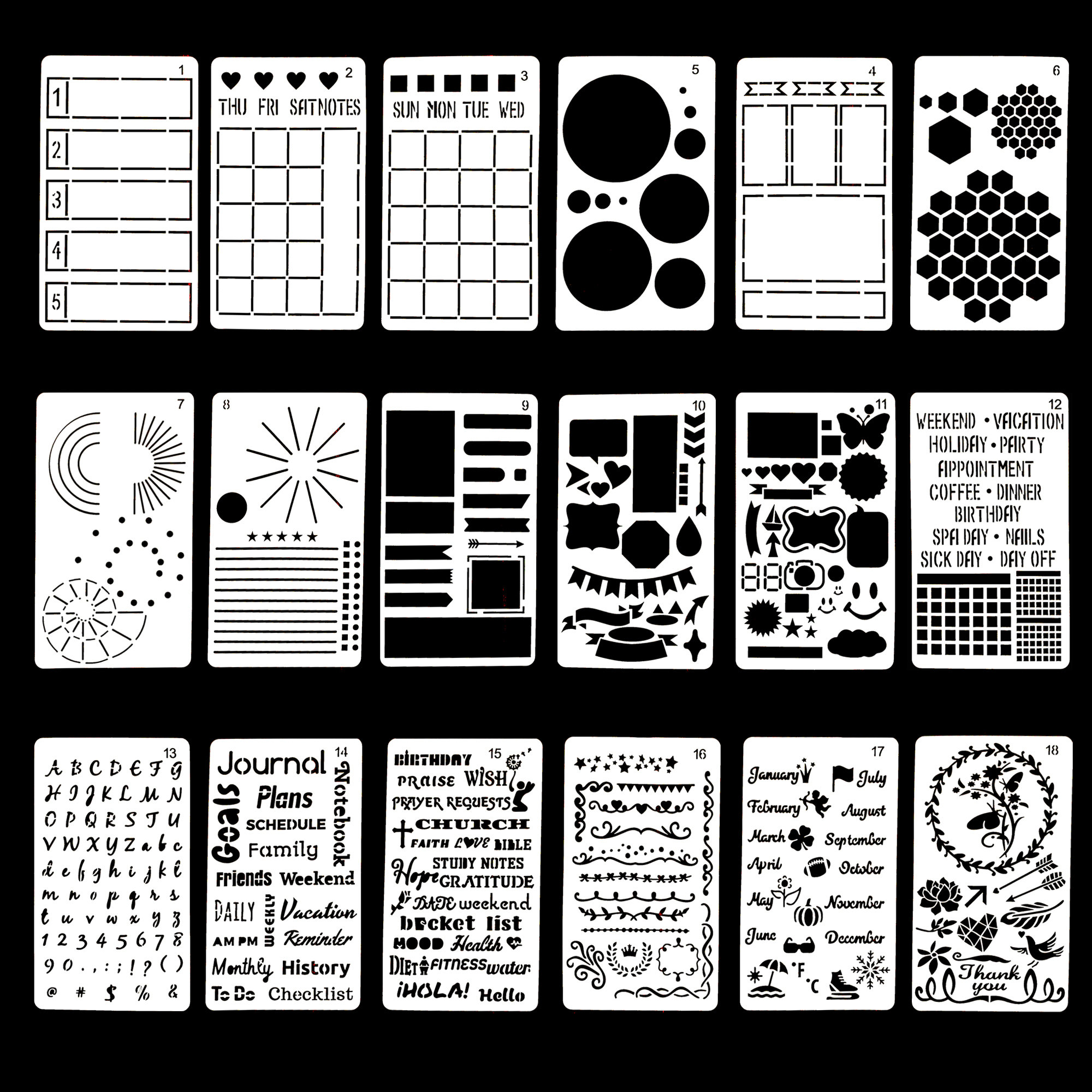 Set di 18 stencil essenziali per Bullet Journal, stencil per layout mensile e settimanale, stencil per calendari e tracker, stencil in plastica, adatt