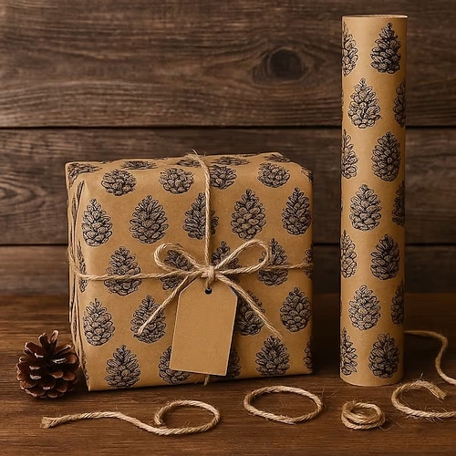 Weihnachtspapierrolle aus Kraftpapier, groß, 43 × 5 cm (17 × 2 Zoll), ausgerollt, robustes braunes Kraftpapier mit Tannenzapfenmuster Gittermuster, ideal zum Verpacken von Geschenken und für Image