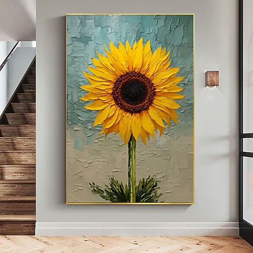 Originales Sonnenblumen-Ölgemälde auf Leinwand, handgefertigte, strukturierte gelbe Blumenwandkunst, handgemalte Impasto-Blütenfeldgemälde, fröhliche Natur, ländliche Dekoration Image