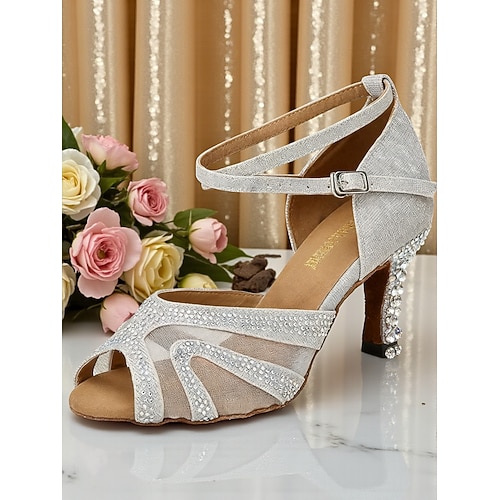 Strassbesetzte Damen-Ballsaal-Tanzschuhe – offene Latin-Heels aus Mesh mit niedrigem Blockabsatz, funkelnder Party-Style für Salsa und Tango formelle Tanzveranstaltungen Image