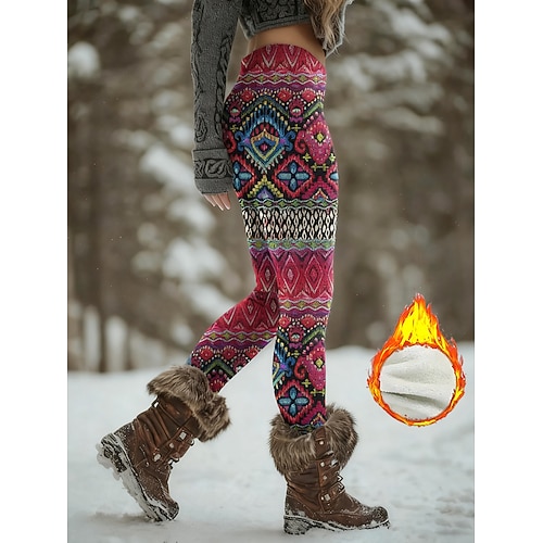 Damen Leggings mit Fleecefutter Leggings Vintage Ethnisch Lässig Volle Länge Hohe Taille Grafik Geometrisches Muster Abstrakt 3D-Druck Thermowarm Winddicht Bequem Dehnbar Heim Outdoor Straße Wei Image
