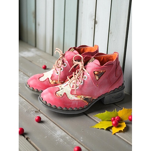 Retro-Stiefeletten aus Leder für Damen – handgefertigte Schnürschuhe mit kunstvollem Patchwork-Design für Weihnachten, Herbstausflüge und den Alltag Image