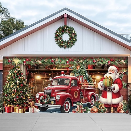 Weihnachtliche Garagentorabdeckung mit Weihnachtsmannhaus-Motiv, große Hängekulisse für 2 Autos, festliche Wanddekoration für Garten und Terrasse, 2D-Flachdruck, 2,1 x 2,4 m