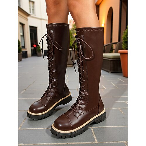 Schwarze und braune Damen-Schnürstiefel bis zum Knie – klobige Plateausohle, Military-Stil, ideal für Outdoor-Abenteuer, Alltagsbegleitung und Streetwear. Image