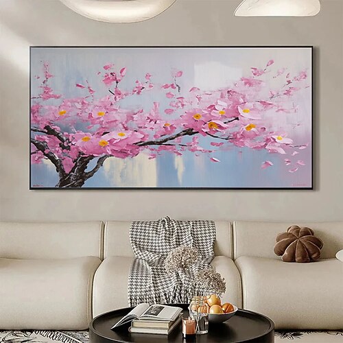 Handgemaltes Bild blühender rosa Kirschblüten, handgemalte 3D-Blumenlandschaft, Frühlingsblumen-Textur-Wandbild, abstraktes Baumkronenbild, personalisiertes Geschenk Image