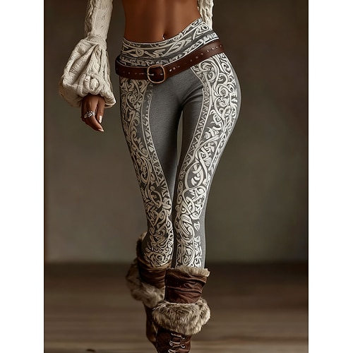 Damen Leggings Urlaub Vintage Ethno-Stil Knöchellang Hohe Taille Grafik Geometrisch Weich Bequem Dehnbar Täglich Heim Outdoor Schwarz Blau Purpur Kaffee Frühling Herbst Winter Schmale Passform Image