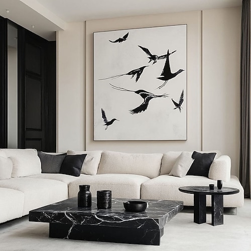 Originales, handgemaltes Ölgemälde auf Leinwand: Ein fliegender Vogel in Schwarz-Weiß. Abstraktes Tiermotiv, moderne Wohnzimmerdekoration, Geschenk für Friedensliebhaber. Image