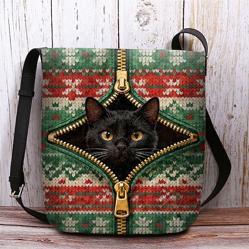 Weihnachtliche Umhängetasche für Damen – aus Polyester-Samt, mit Weihnachtsmann- und Katzenmotiv, festliche Handtasche, perfekt für Winterausflüge und Weihnachtsfeiern