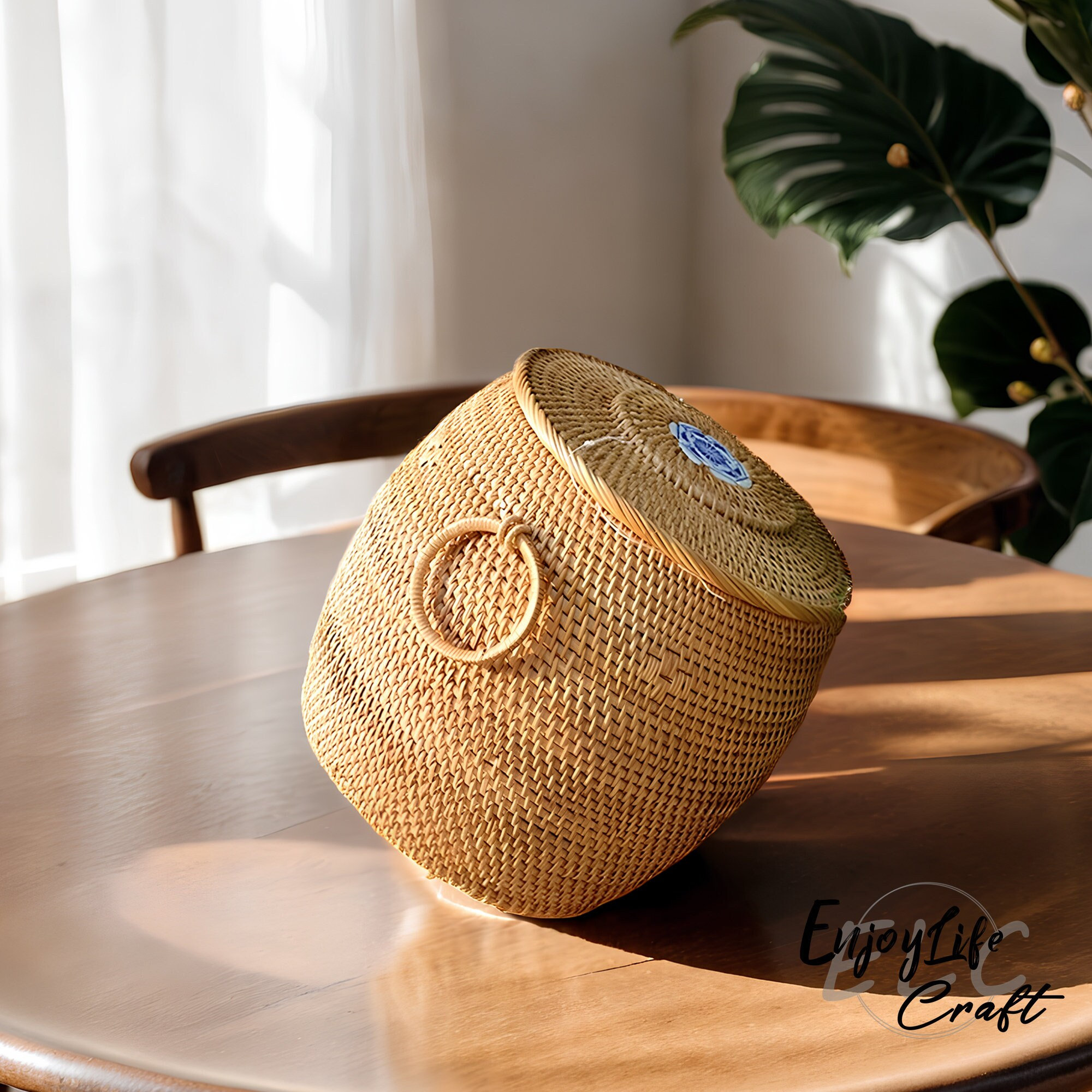 Cestino portaoggetti rotondo in rattan intrecciato con coperchio, cestino portaoggetti in rattan per dolci da tè, cestino portaoggetti da scrivania fa