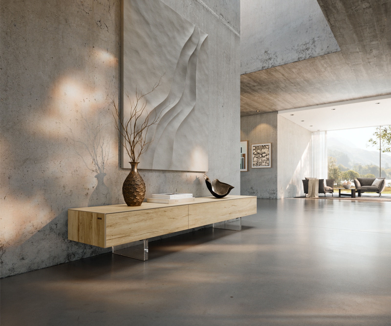 DELIFE Lowboard Cuor 200 cm Keramik Laminam® Sabbia Eichefarbig 1 Klappe 1 Schubfach Fuß Schwebeoptik Acrylglas, Lowboards Image