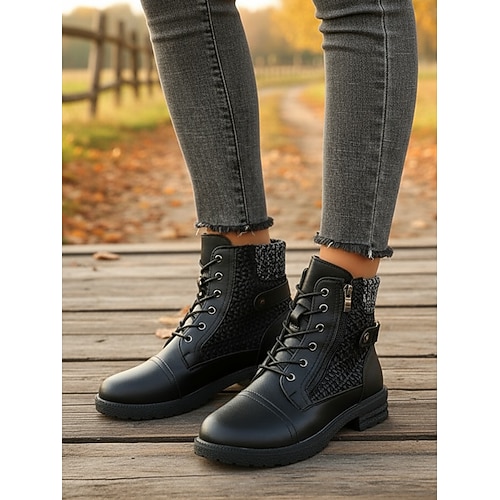 Braune Damen-Schnürstiefeletten aus Kunstleder mit Strickdetails – stylische und strapazierfähige Stiefel für Spaziergänge im Freien, Arbeit und Freizeit. Image
