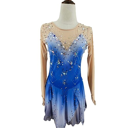 Eiskunstlaufkleid Damen Mädchen Eislaufen Kleid Blau Patchwork Daumenloch Spandex Hohe Elastizität Training Professionell Wettbewerb Eiskunstlaufkleidung Klassisch Kristall / Strass Langarm Eislaufen Image