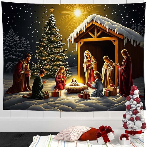 Weihnachtskrippen-Wandteppich – Wandbehang mit Krippenszene, religiöse Weihnachtsdekoration für Wohnzimmer, Schlafzimmer Image