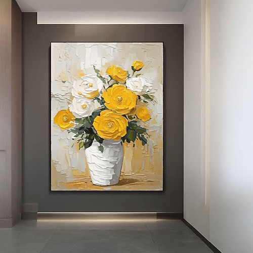 Originales Ölgemälde, handgemalt, weiß-gelbes Blumenbild, großformatig, strukturiert, kunstvoll, Wandbild, vertikal, individuelle Anfertigung, moderne Wanddekoration für Esszimmer Image