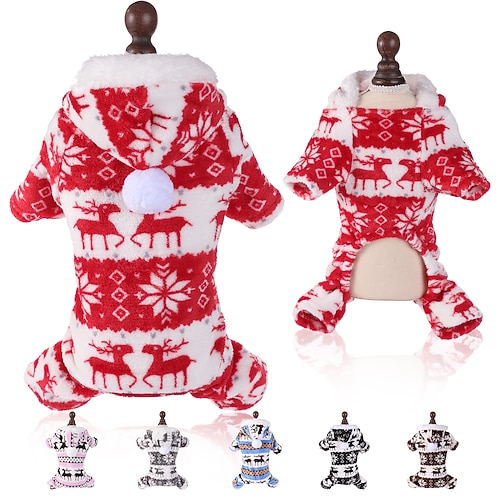 Weihnachtspyjama für Hunde - rot Weißer Rentier-Schneeflocken-Overall für Haustiere – kuschelige Festtags-Flanellkleidung für kleine Hunde Image