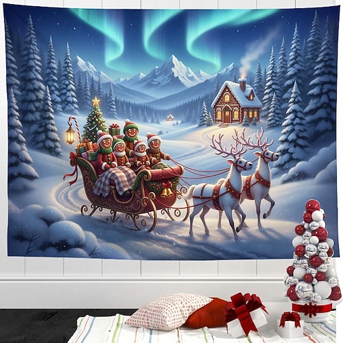 Weihnachtliche Garagentorabdeckung mit Nordlichtern – festliche Weihnachtsdekoration, Winter-Weihnachtsmann-Garagentorvorhang mit Aurora Borealis für den Außenbereich Image