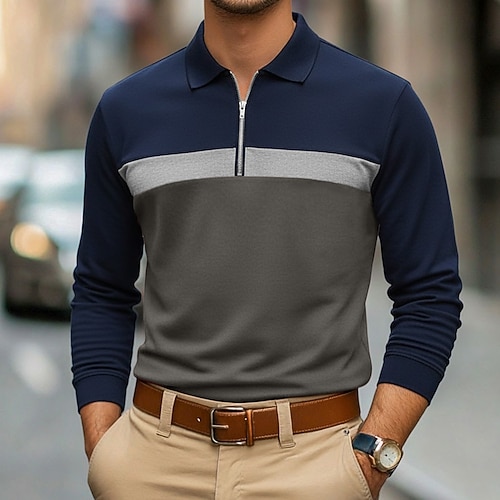 Herren Poloshirt aus Baumwollmischung Viertel-Reißverschluss-Poloshirt Lässig Urlaub Viertelreißverschluss Langarm Mode Basic Farbblock Tasche Winter Frühling Herbst Herbst Winter Normale Passform Image