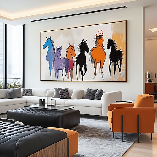 Handgemaltes Pferd, Wildpferd, farbenfrohes abstraktes Tierbild auf Leinwand, Herde, Wildtiere, moderner rustikaler Ranch-Chic-Dekor Image