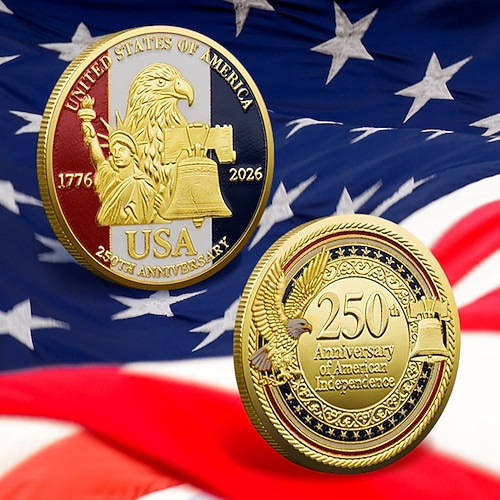 Gedenkmünzen zum 250. Jahrestag – goldene amerikanische Flagge Sammlermünzen mit Freiheitsglockenmotiv, langlebige Jubiläumsmünzen aus Metall für Sammler. Geschenkidee, patriotisches Design Image