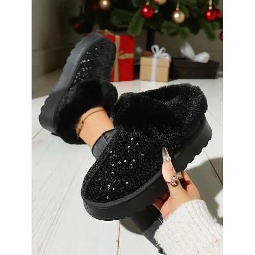 Rosa Pailletten-Schneestiefel für Damen mit Kunstpelzkragen – trendige, glitzernde Winterstiefel für lässigen Komfort Image