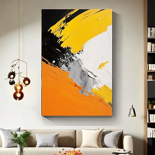 Großes gelbes minimalistisches abstraktes Gemälde mit Textur, schwarz-weiße 3D-Textur, abstrakte Kunst, Acryl-Gemälde, abstrakte Textur, moderne Kunst Image