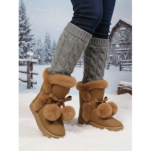 Rosa Damenstiefel mit Bommeln aus Kunstfell – kuschelige Winterstiefel mit niedlichen Schleifendetails für Weihnachten, festliche Anlässe und den Alltag Image