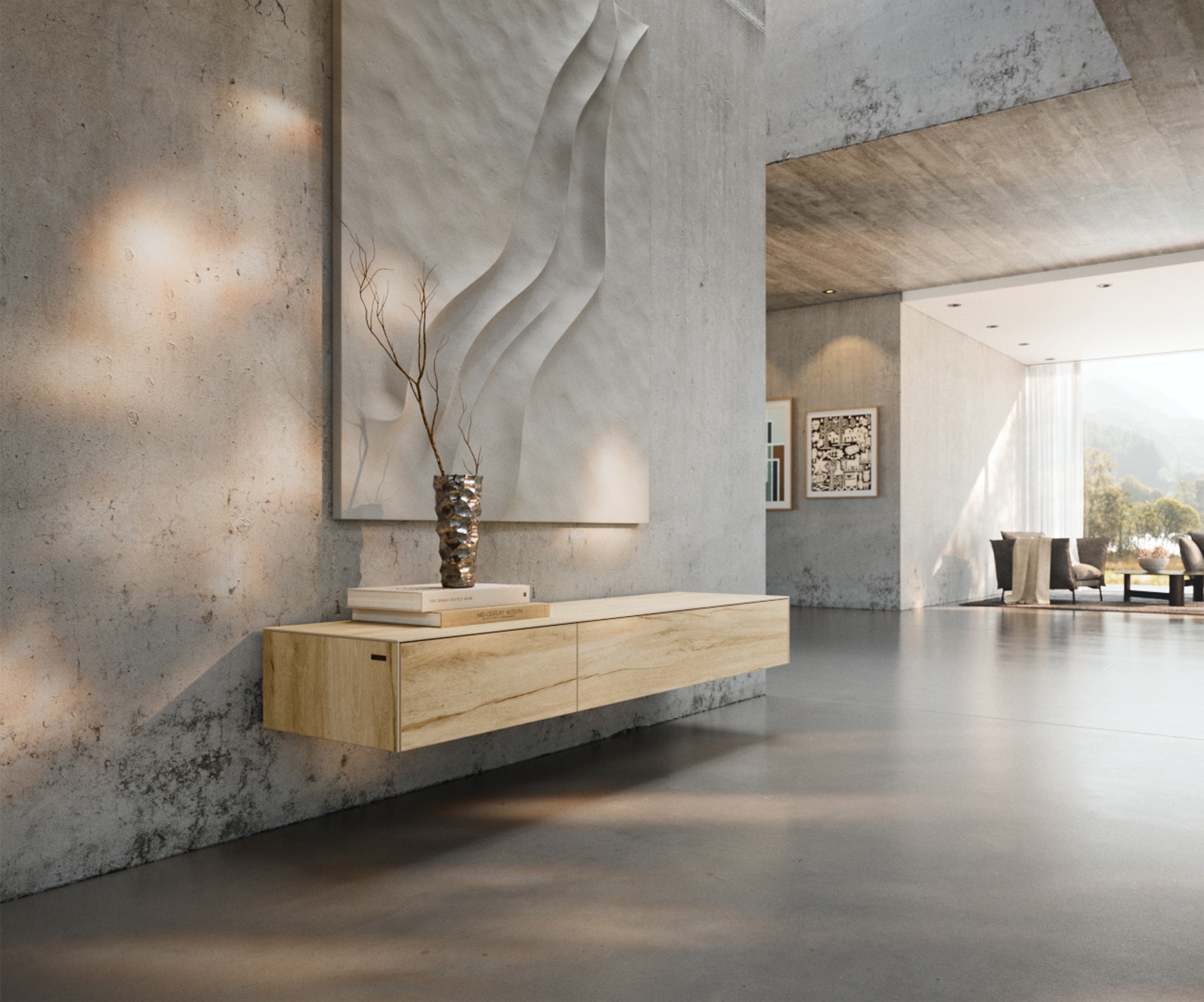 DELIFE Lowboard Cuor 150 cm Keramik Laminam® Sabbia Eichefarbig 1 Klappe 1 Schubfach Schwebend, Lowboards Image