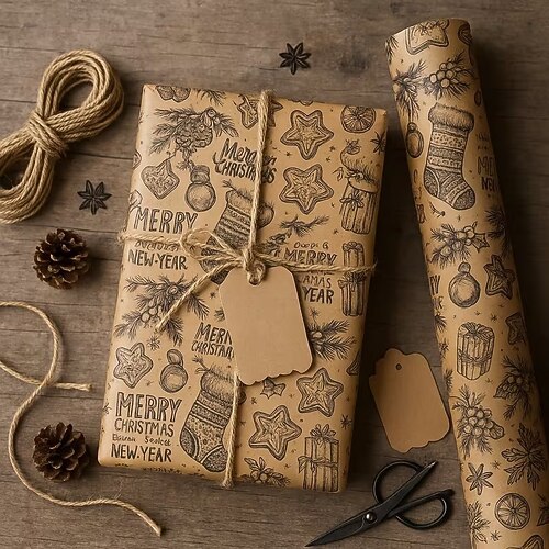 1 Rolle großes Weihnachtsgeschenkpapier – brauner, kraftpapierähnlicher Hintergrund (Innenblatt 17 x 2 Zoll, Gesamtlänge ausgerollt 394 Zoll) Weihnachtsgeschenkpapier Image