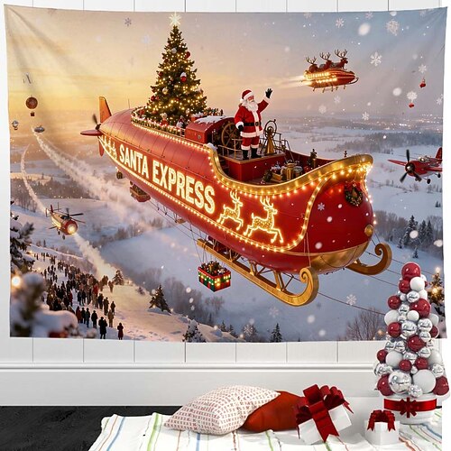 Weihnachts-Wandteppich mit Luftschiff und Kreuzfahrtschiff – festlicher Wandbehang für die Feiertage, dekorativer Wandteppich mit Weihnachtsmann und Schneelandschaft für Schlafzimmer und Wohnzimmer Image