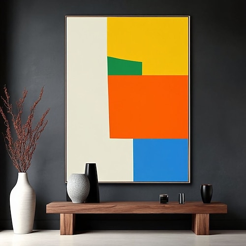 Handgemaltes minimalistisches Ölgemälde in Mischfarben, handgefertigte Blockcollage, Küchenbild, abstrakte geometrische moderne Kunst, gelb, orange, grün, blau, schwarz, Posterkunst, Image