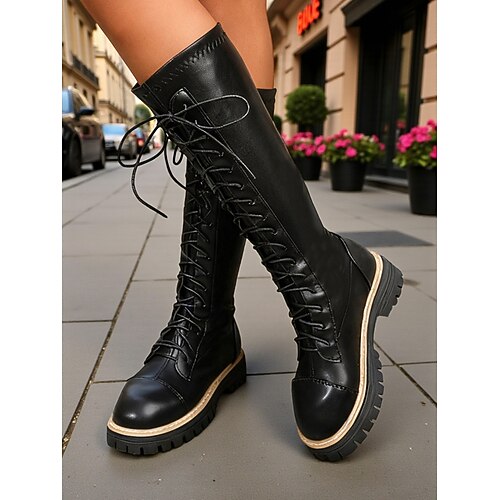 Schwarze und braune Damen-Schnürstiefel bis zum Knie – klobige Plateausohle, Military-Stil, ideal für Outdoor-Abenteuer, Alltagsbegleitung und Streetwear. Image