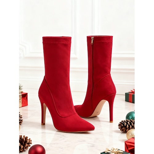 Rote Wildleder-Ankle-Boots mit spitzer Zehenpartie – elegante Stiefeletten mit hohem Absatz und Reißverschluss für Weihnachtsfeiern, besondere Anlässe und Wintermode Image