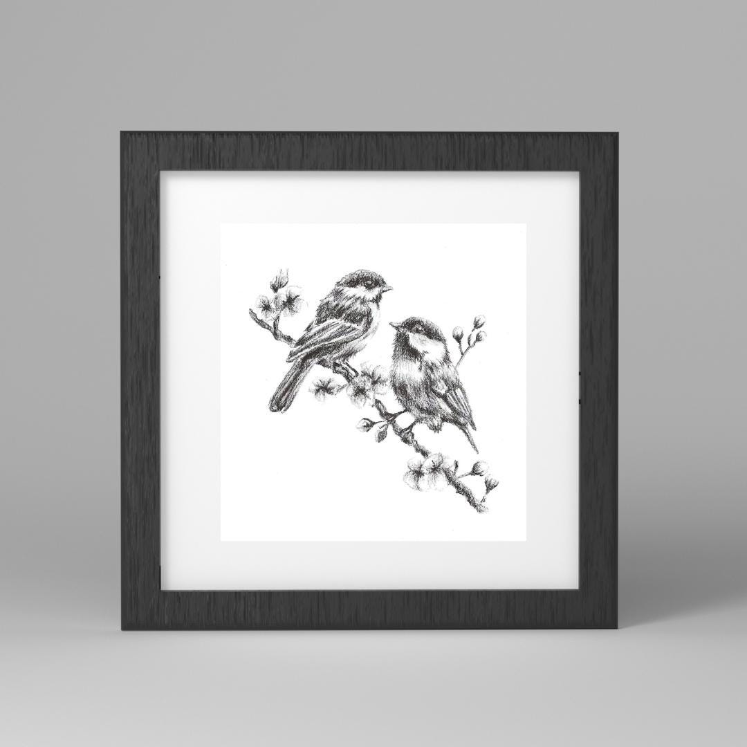 Due passeri / Stampa di disegno di uccello / Opera d'arte a carboncino / Opera d'arte di uccelli / Cince / 2 uccelli / Uccelli su un ramo Arte / Decor