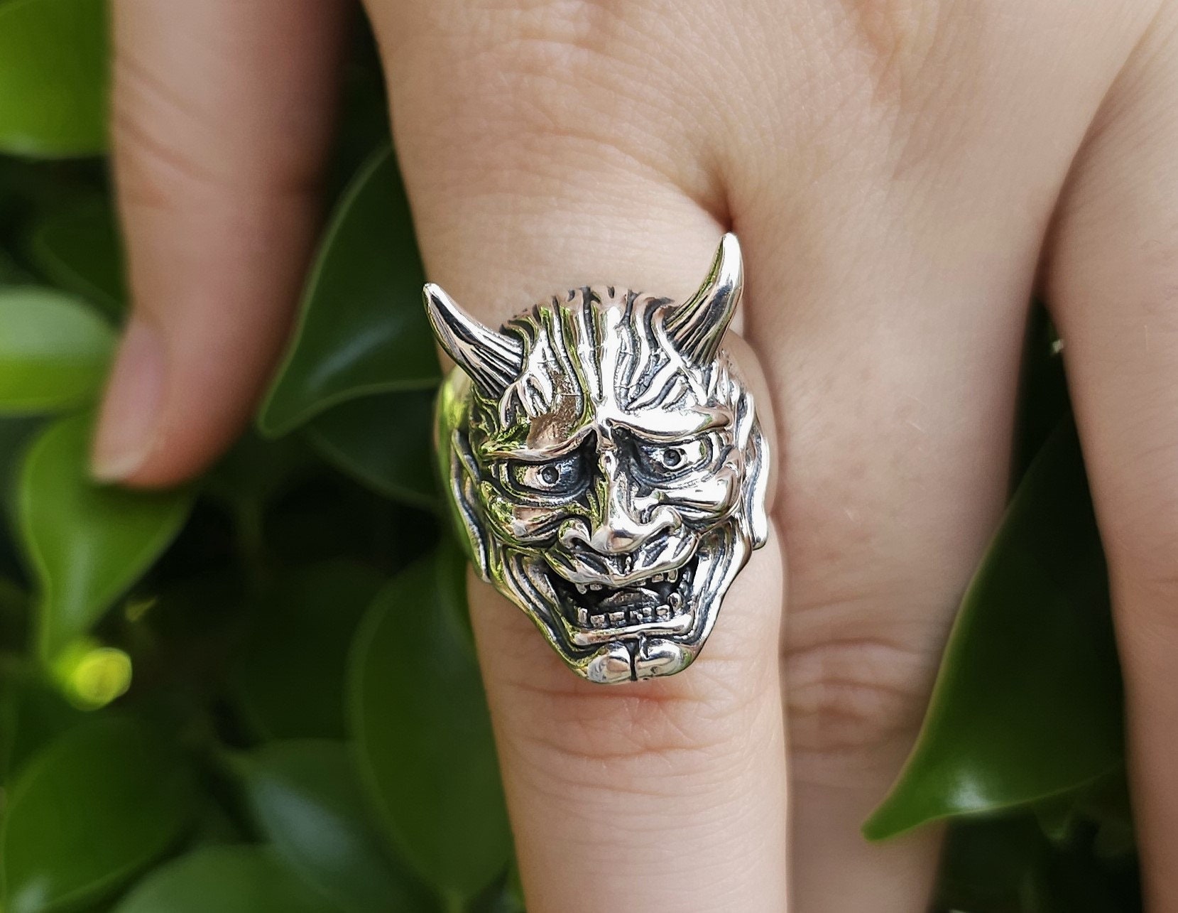 Anello con maschera da diavolo in argento sterling 925, maschera Oni, arte giapponese, demone, maschera Hannya, motociclista, rocker, gotico, punk