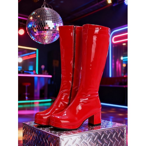 Lila Damen-Kniestiefel aus Lacklederimitat – stylisches Reißverschlussdetail, klobiger Absatz, Retro-Disco-Stil der 80er Jahre für Partys, Ausgehen und gewagte Fashion-Looks Image