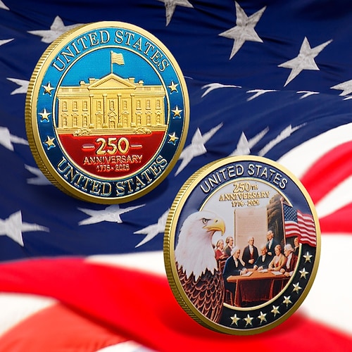 250. Jubiläums Gedenkmünzen - Goldene amerikanische Flagge Freiheitsglocken Design Sammlermünzen langlebige Metall Jubiläumsmünzen für die Darstellung Sammler patriotisch Semiquincentennial Image