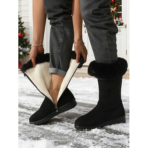 Schwarze Damen-Winterstiefel mit Reißverschluss – warme, wadenhohe Schneestiefel mit Kunstfellfutter für Spaziergänge im Freien und modisches Auftreten bei kaltem Wetter Image