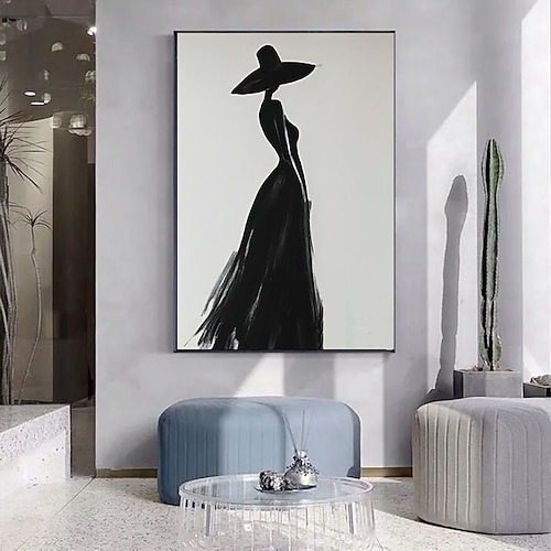 Ölgemälde, 100 % handgemalt, minimalistisch: Frau in schwarzem Kleid und Hut. Elegantes Modebild auf Leinwand, perfekt als stilvolle Wanddekoration für Ihr Zuhause. Ein ideales Geschenk. Image