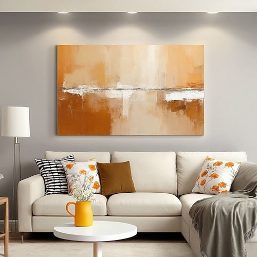 Handgemaltes, großes abstraktes Acrylgemälde, Sonnenuntergangslandschaft, langes beiges und roségoldenes Gemälde, horizontale abstrakte Wandkunst, Ölgemälde Image