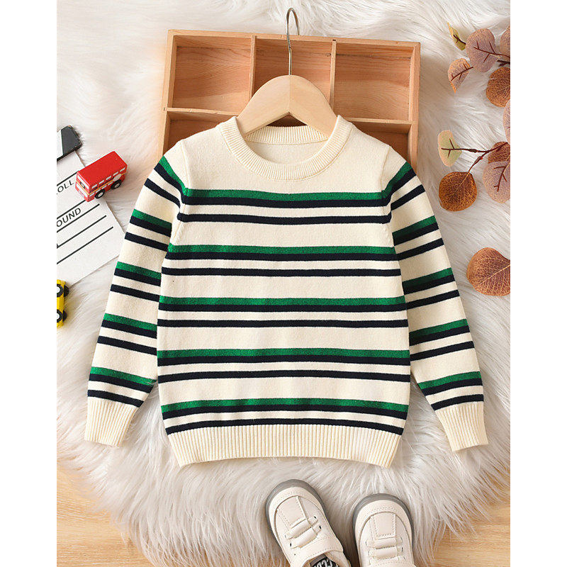Kids Unisex Pullover Sweater Stripe Long Sleeve Keep Warm Outdoor Fashion Ivory Fall Clothes 4-12 Years