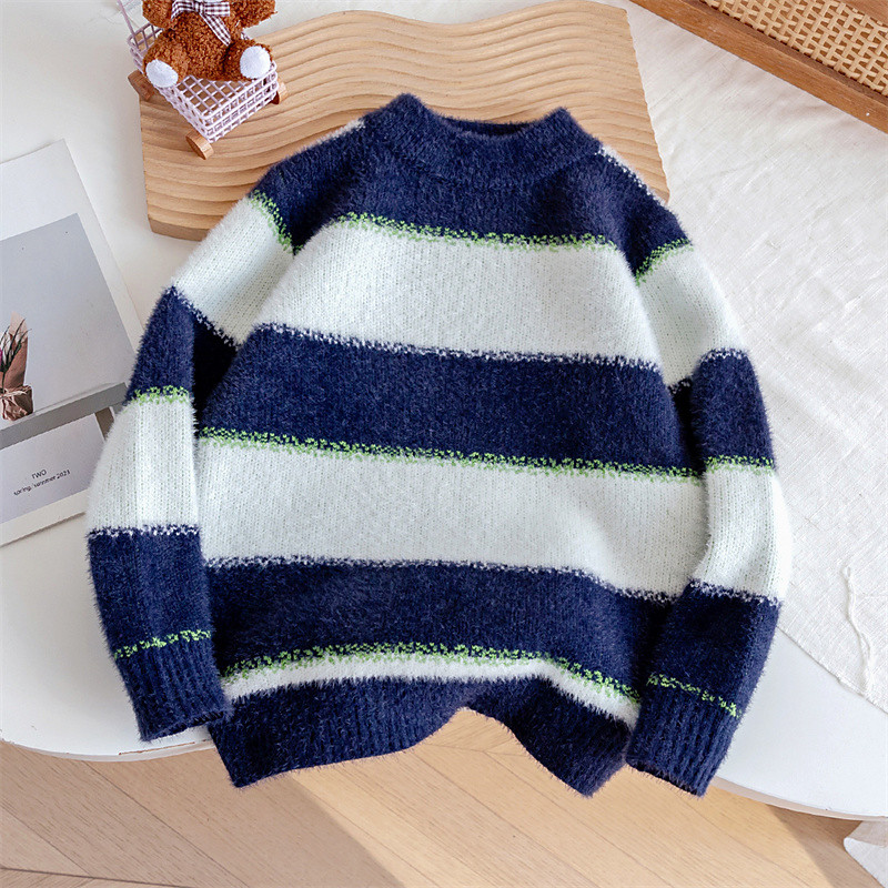 Kids Unisex Pullover Sweater Stripe Long Sleeve Keep Warm Outdoor Fashion Blue Fall Clothes 4-12 Years