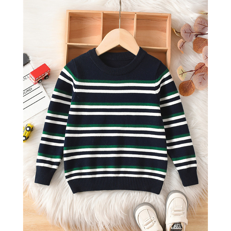 Kids Unisex Pullover Sweater Stripe Long Sleeve Keep Warm Outdoor Fashion Ivory Fall Clothes 4-12 Years