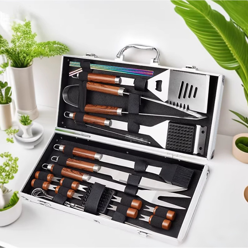Stainless Steel Aluminum Box Combination Barbecue Set BBQ Utensils Outdoor Camping Barbecue Tools 24 Piece Set