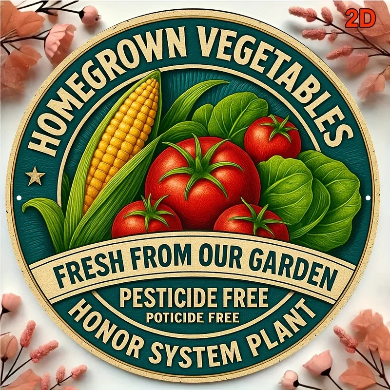 2D flach, 1 Stück französisches Vintage-Aluminiumschild – 20,3 cm große runde rustikale Bauernhaus-Wandkunst mit Gartenthema, „Homegrown Gemüse“
